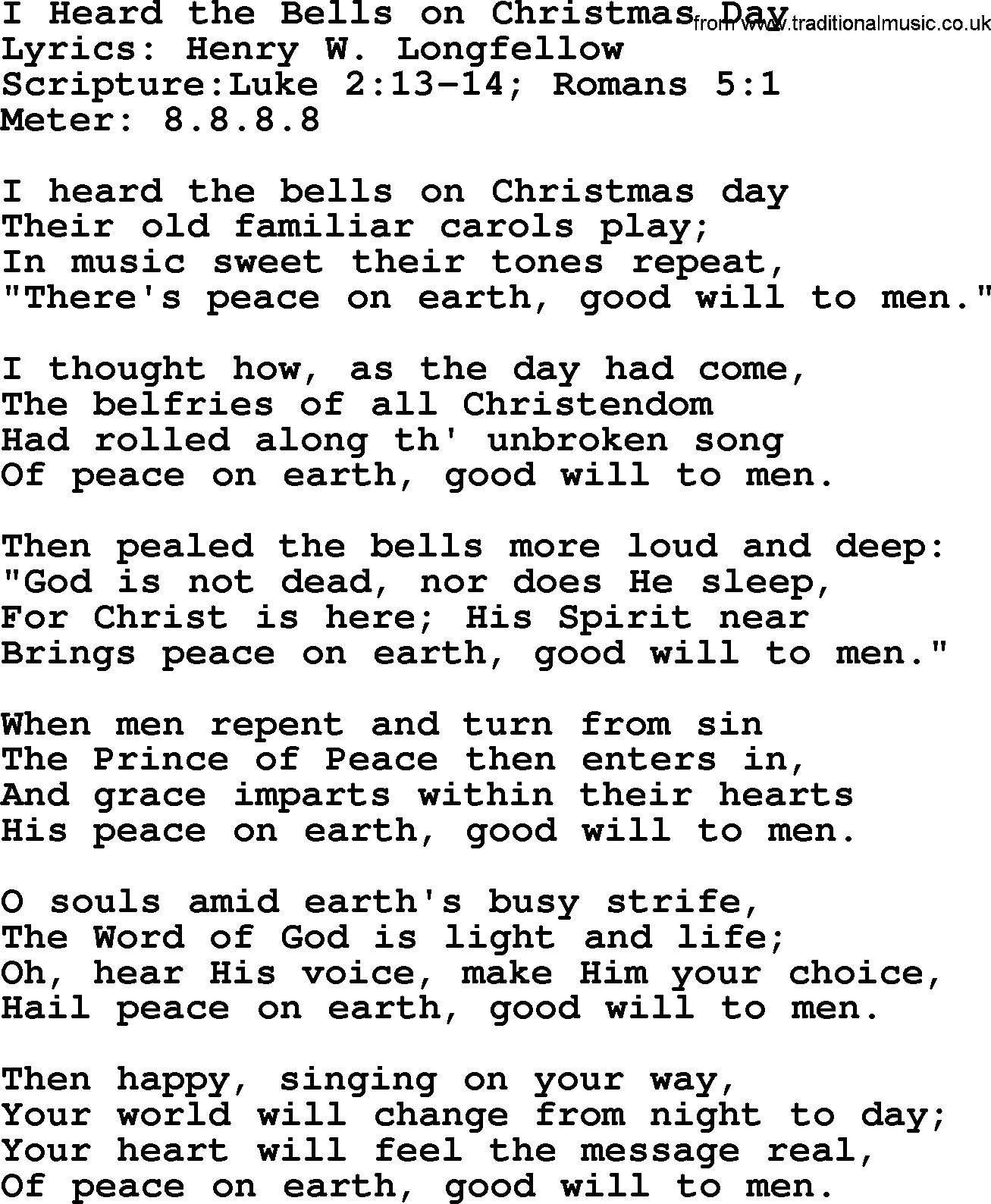 Good Old Hymns - I Heard the Bells on Christmas Day - Lyrics, Sheetmusic, midi, Mp3 audio and PDF