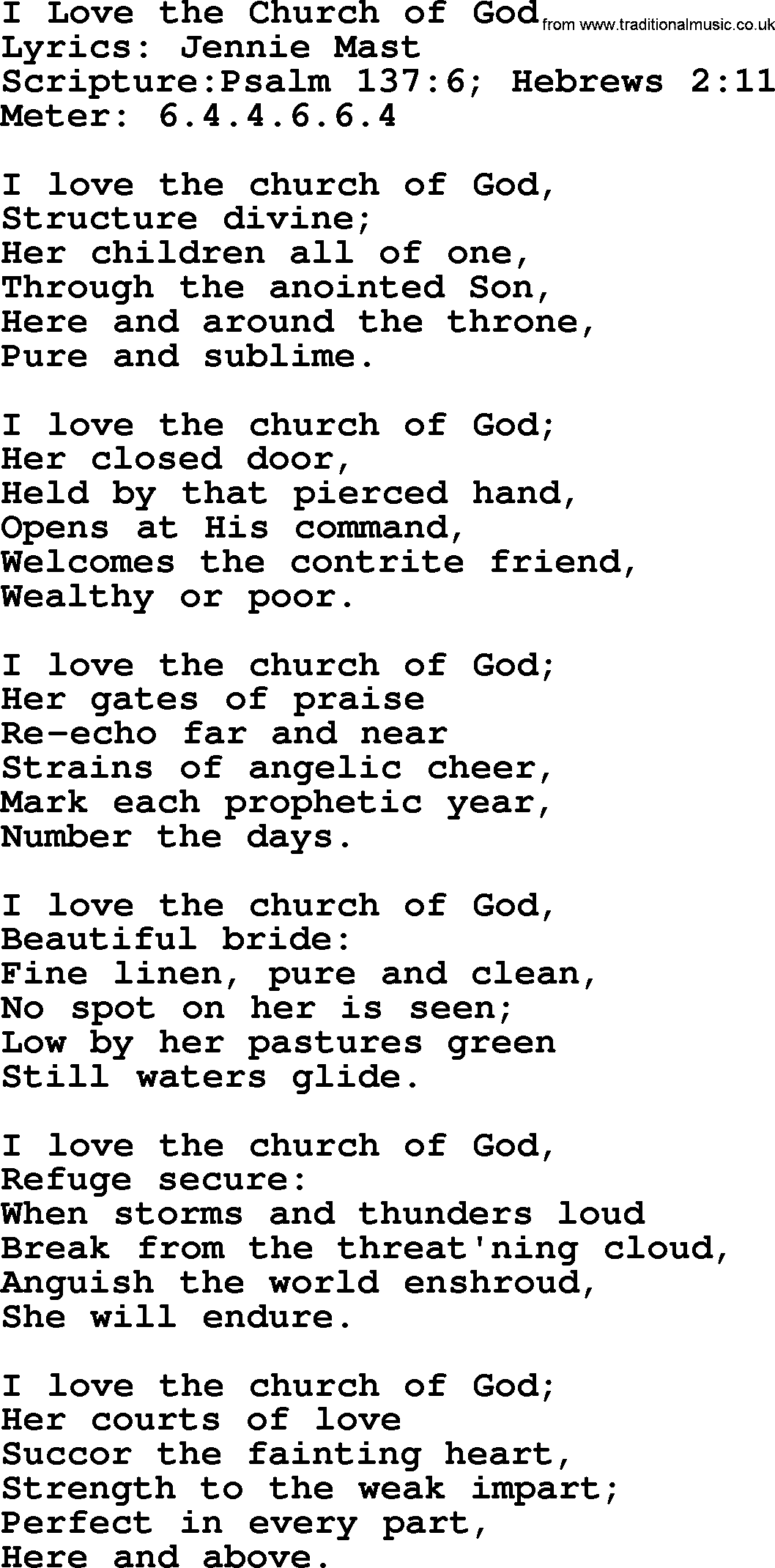 Hymns about  Angels, Hymn: I Love the Church of God, lyrics, sheet music, midi & Mp3 music with PDF