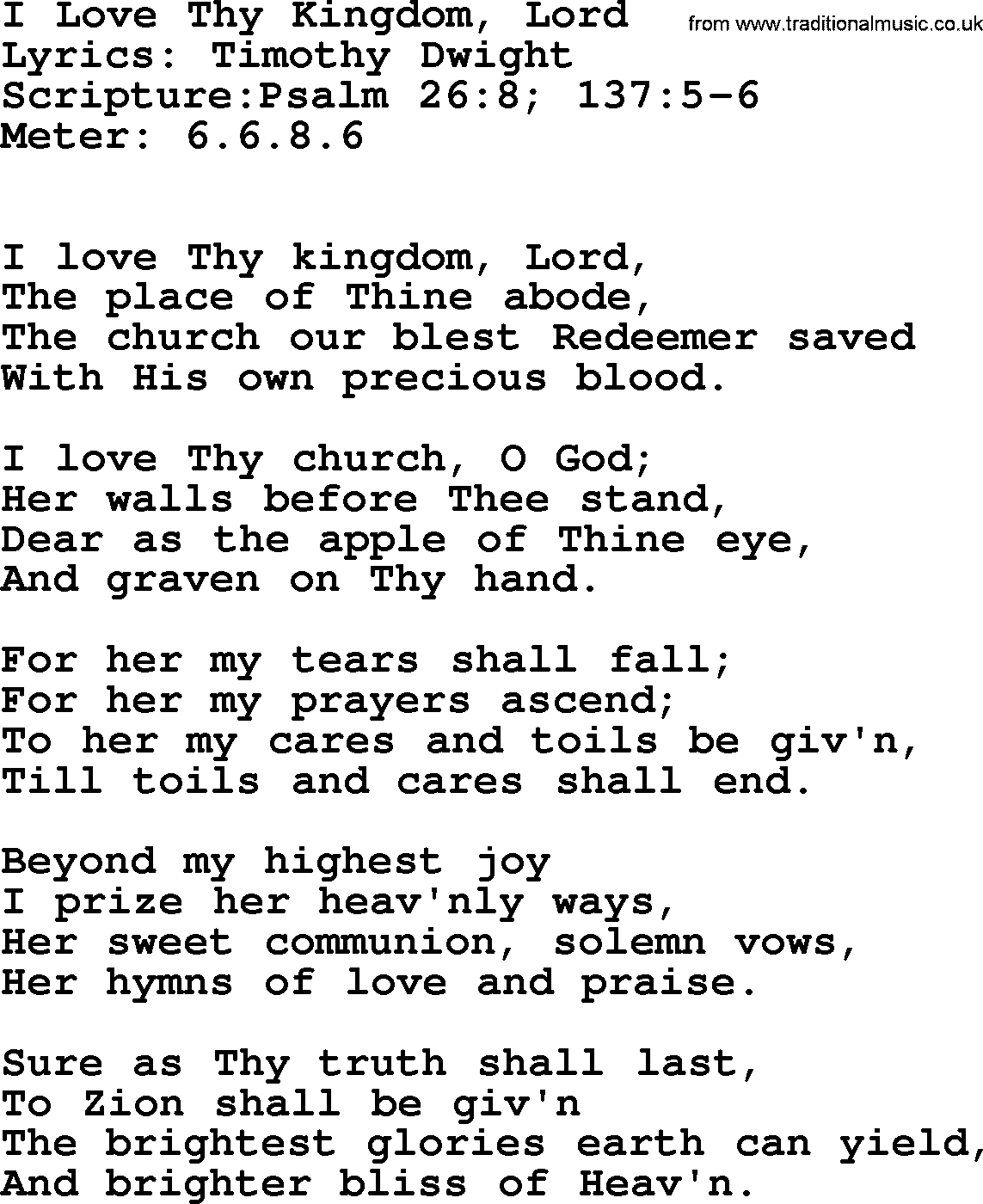 Hymns about  Angels, Hymn: I Love Thy Kingdom, Lord, lyrics, sheet music, midi & Mp3 music with PDF
