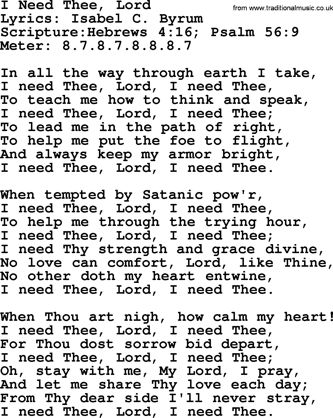 Hymns about  Angels, Hymn: I Need Thee, Lord, lyrics, sheet music, midi & Mp3 music with PDF