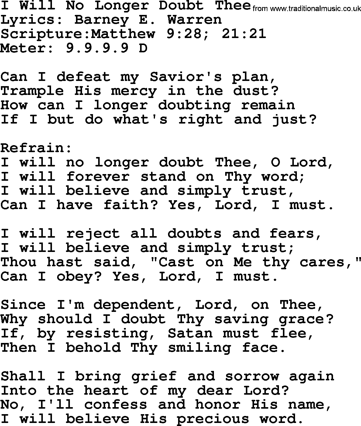 Hymns about  Angels, Hymn: I Will No Longer Doubt Thee, lyrics, sheet music, midi & Mp3 music with PDF