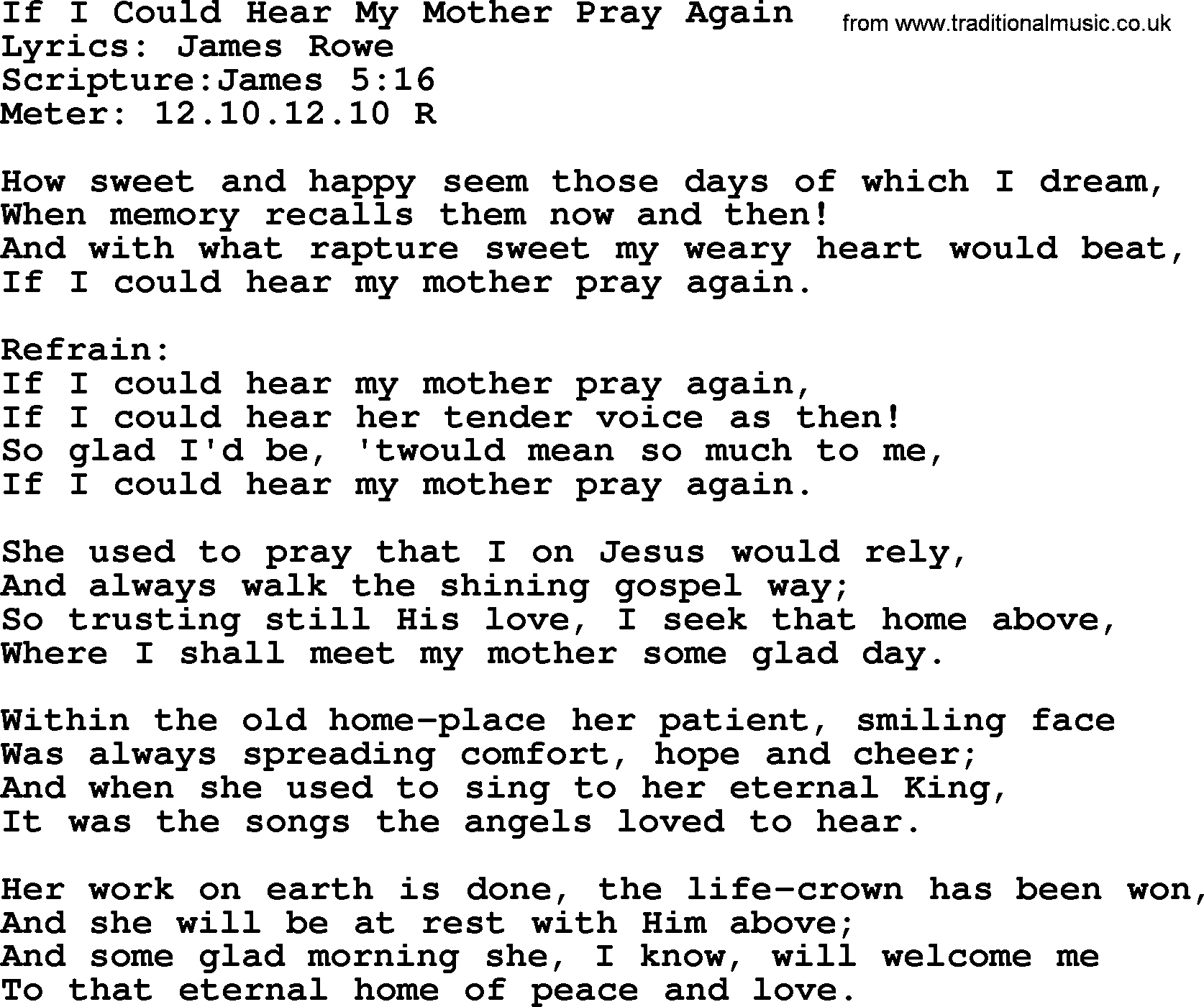 Hymns about  Angels, Hymn: If I Could Hear My Mother Pray Again, lyrics, sheet music, midi & Mp3 music with PDF
