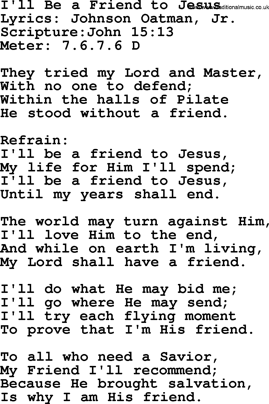 Hymns about  Angels, Hymn: I'll Be a Friend to Jesus, lyrics, sheet music, midi & Mp3 music with PDF