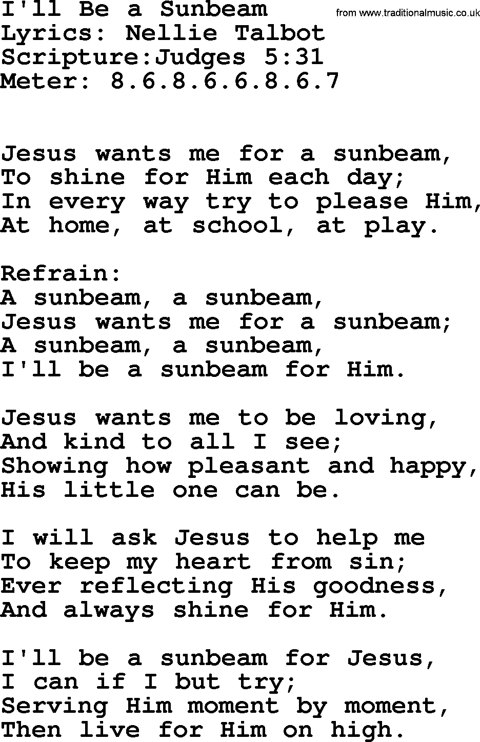Hymns about  Angels, Hymn: I'll Be a Sunbeam, lyrics, sheet music, midi & Mp3 music with PDF