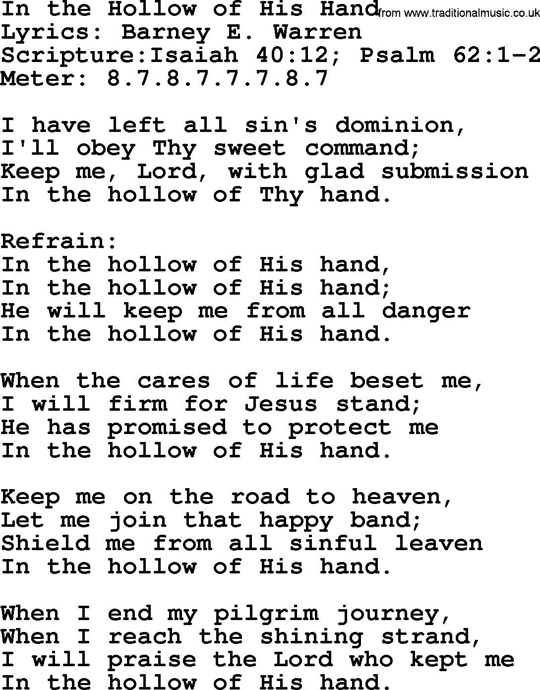 Hymns about  Angels, Hymn: In the Hollow of His Hand, lyrics, sheet music, midi & Mp3 music with PDF
