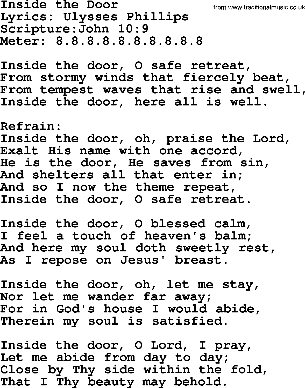 Hymns about  Angels, Hymn: Inside the Door, lyrics, sheet music, midi & Mp3 music with PDF