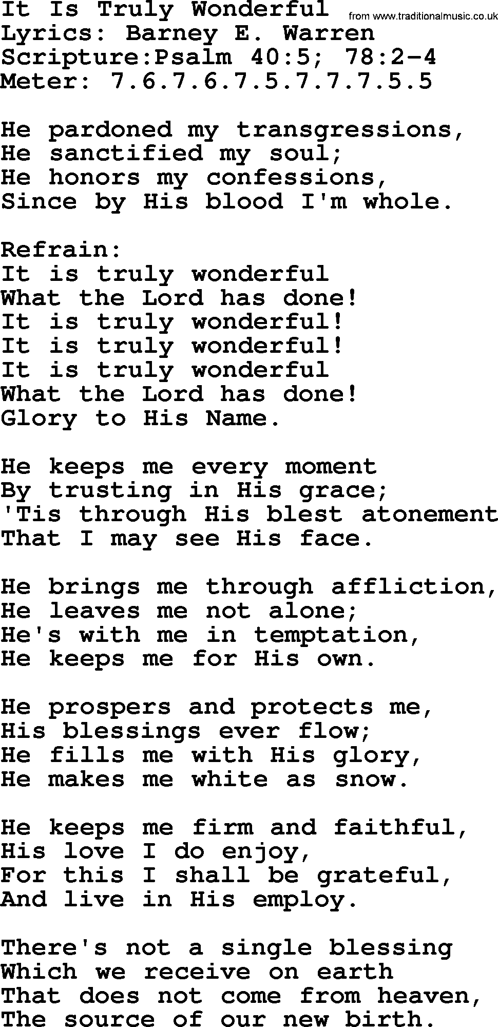 Hymns about  Angels, Hymn: It Is Truly Wonderful, lyrics, sheet music, midi & Mp3 music with PDF