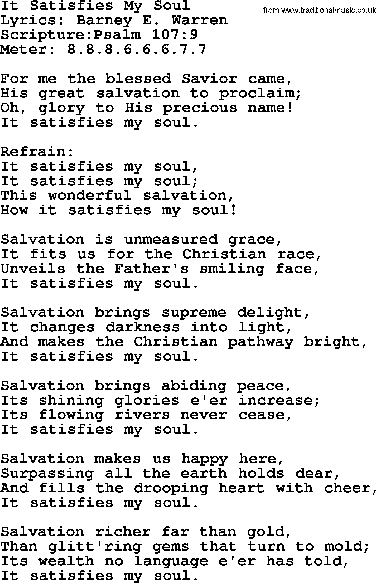 Hymns about  Angels, Hymn: It Satisfies My Soul, lyrics, sheet music, midi & Mp3 music with PDF