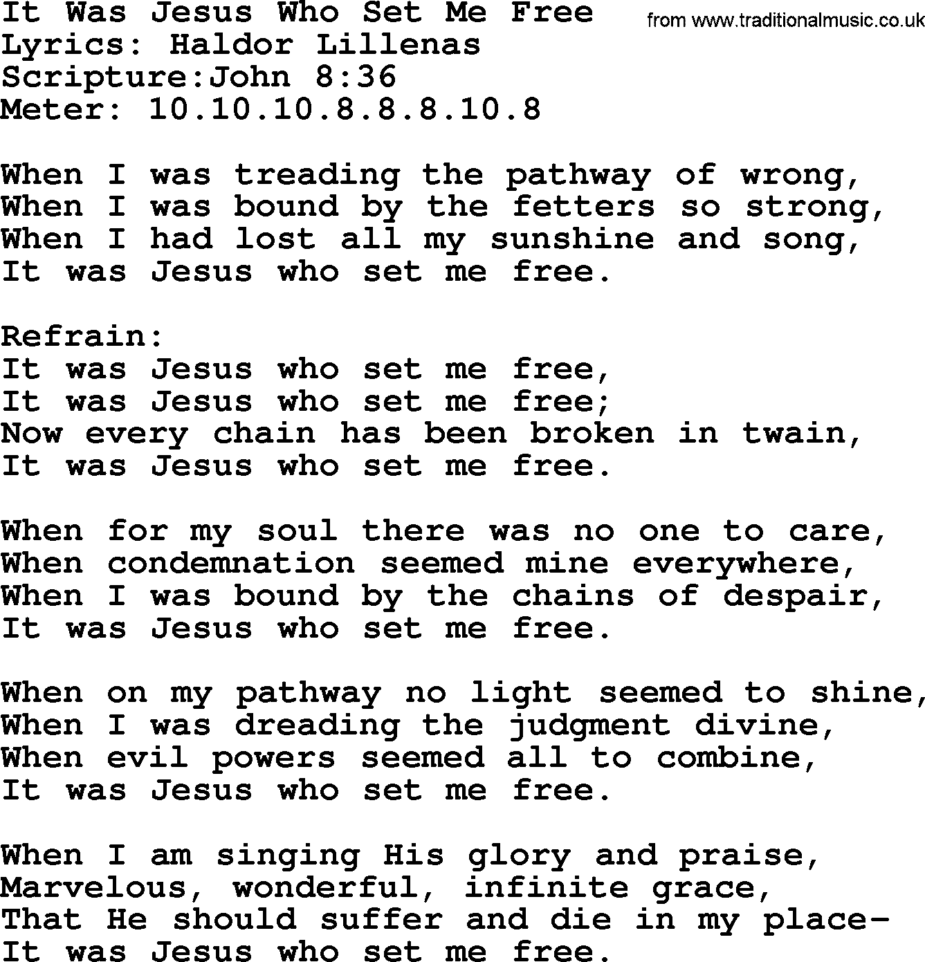 Hymns about  Angels, Hymn: It Was Jesus Who Set Me Free, lyrics, sheet music, midi & Mp3 music with PDF