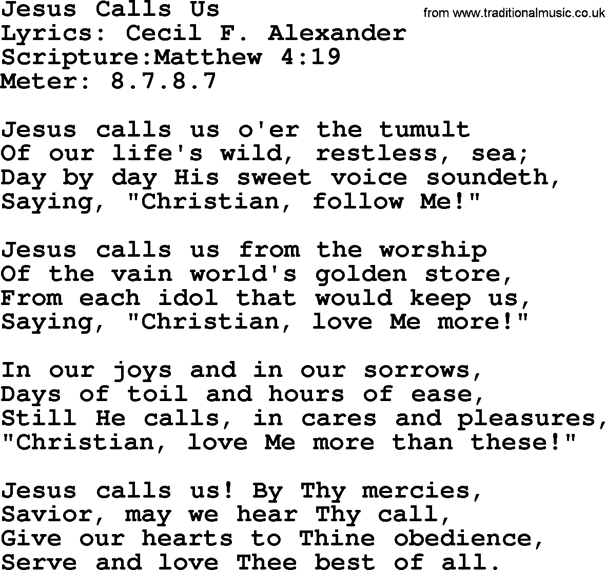 Hymns about  Angels, Hymn: Jesus Calls Us, lyrics, sheet music, midi & Mp3 music with PDF