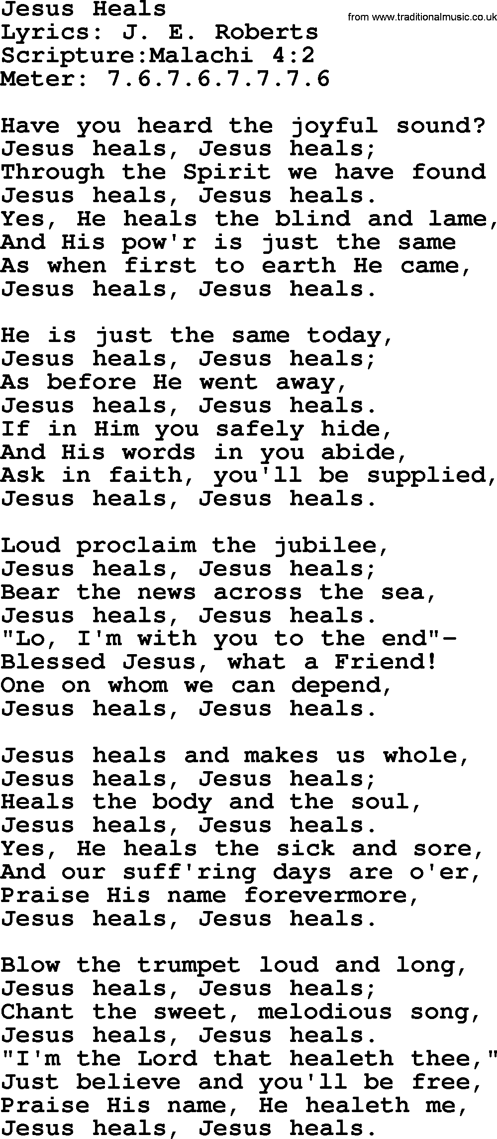 Hymns about  Angels, Hymn: Jesus Heals, lyrics, sheet music, midi & Mp3 music with PDF