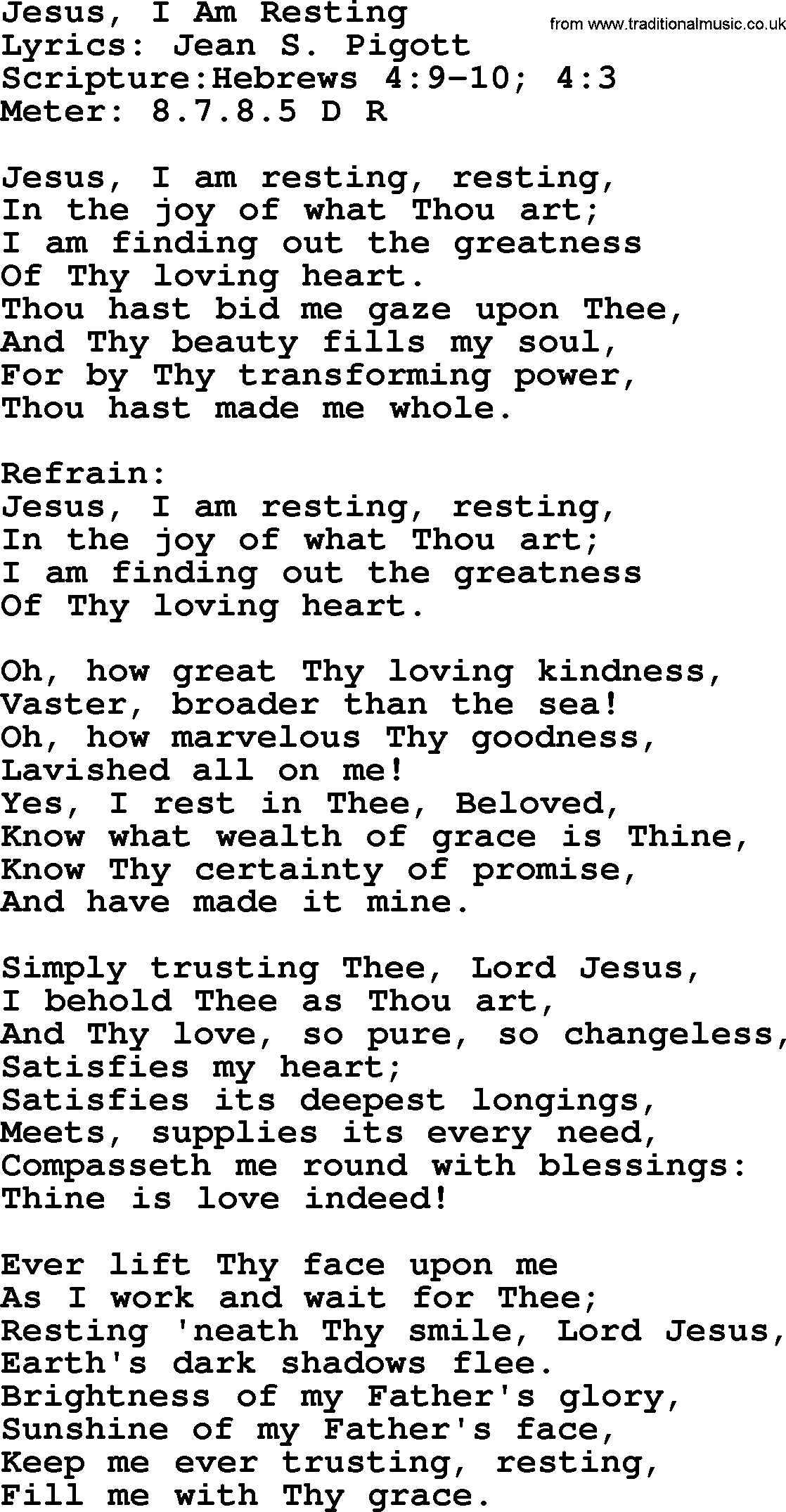 Hymns about  Angels, Hymn: Jesus, I Am Resting, lyrics, sheet music, midi & Mp3 music with PDF