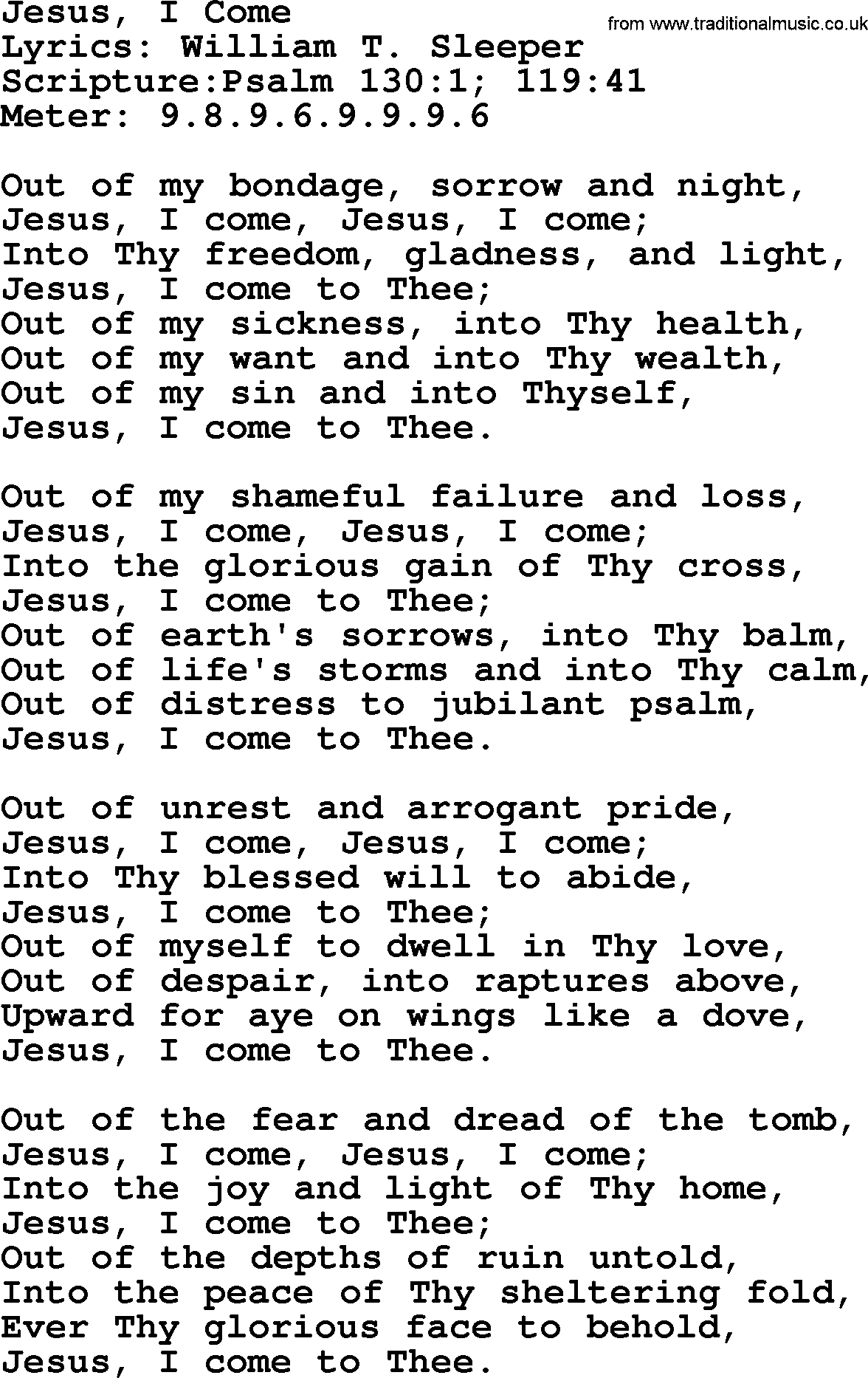 Hymns about  Angels, Hymn: Jesus, I Come, lyrics, sheet music, midi & Mp3 music with PDF
