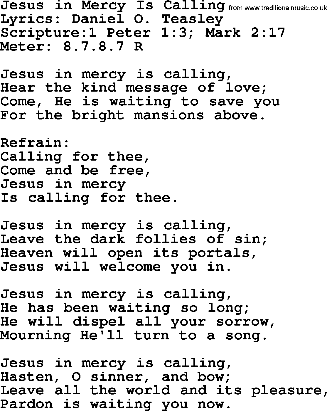Hymns about  Angels, Hymn: Jesus in Mercy Is Calling, lyrics, sheet music, midi & Mp3 music with PDF
