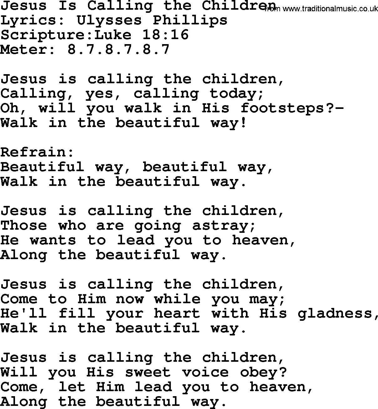 Hymns about  Angels, Hymn: Jesus Is Calling the Children, lyrics, sheet music, midi & Mp3 music with PDF