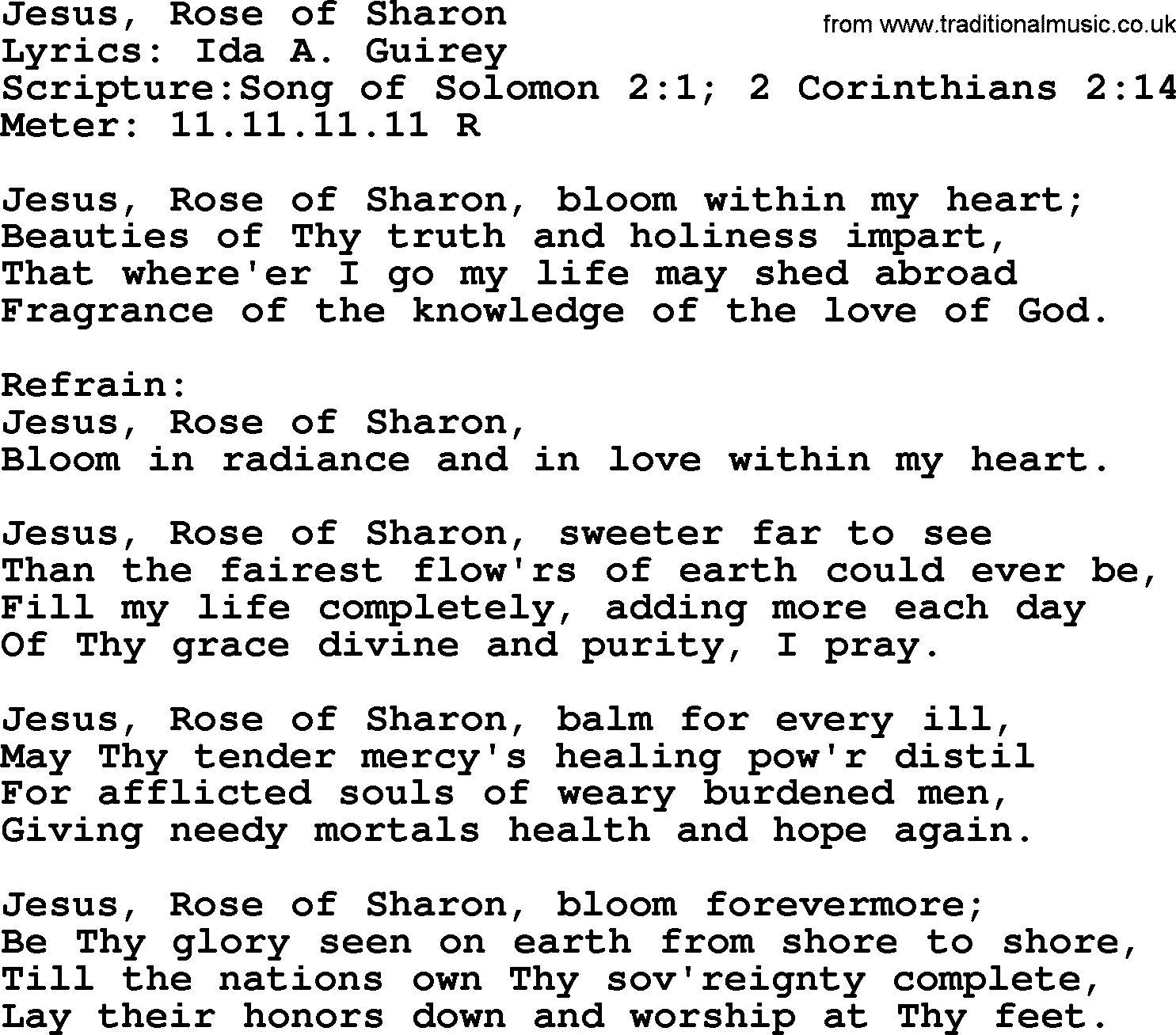 Hymns about  Angels, Hymn: Jesus, Rose of Sharon, lyrics, sheet music, midi & Mp3 music with PDF
