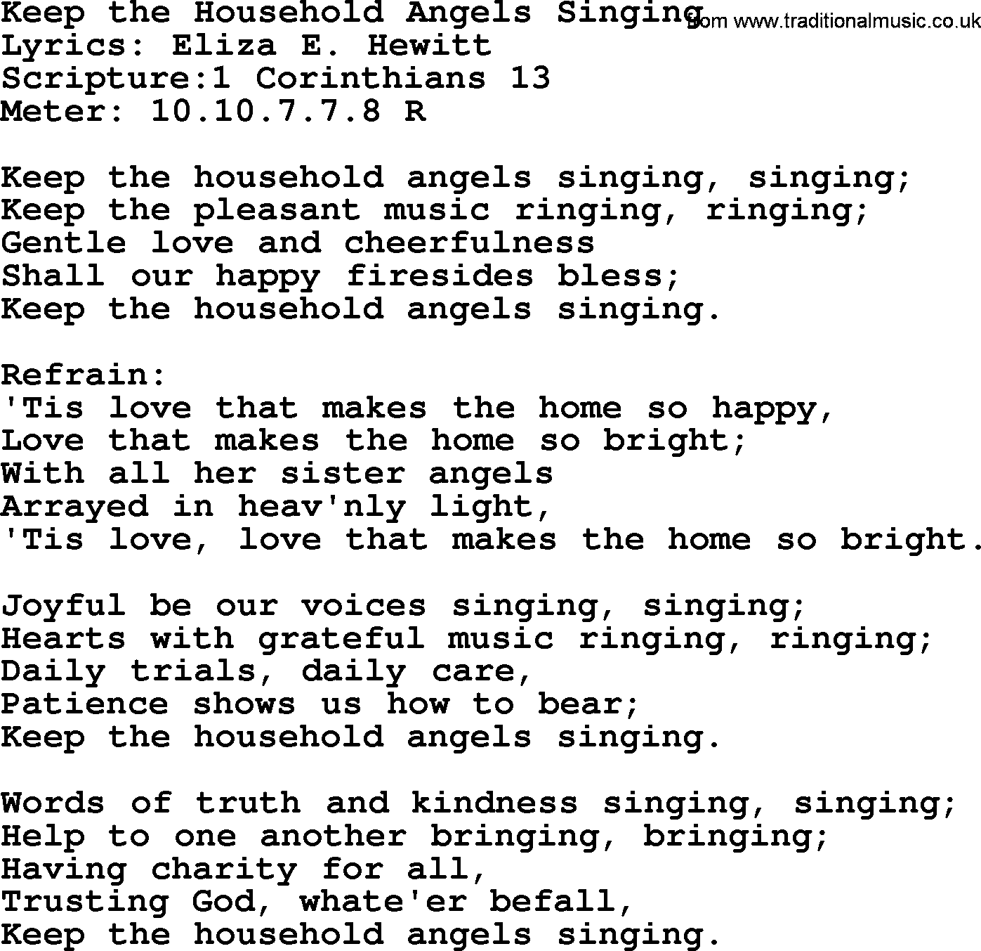 Hymns about  Angels, Hymn: Keep the Household Angels Singing, lyrics, sheet music, midi & Mp3 music with PDF