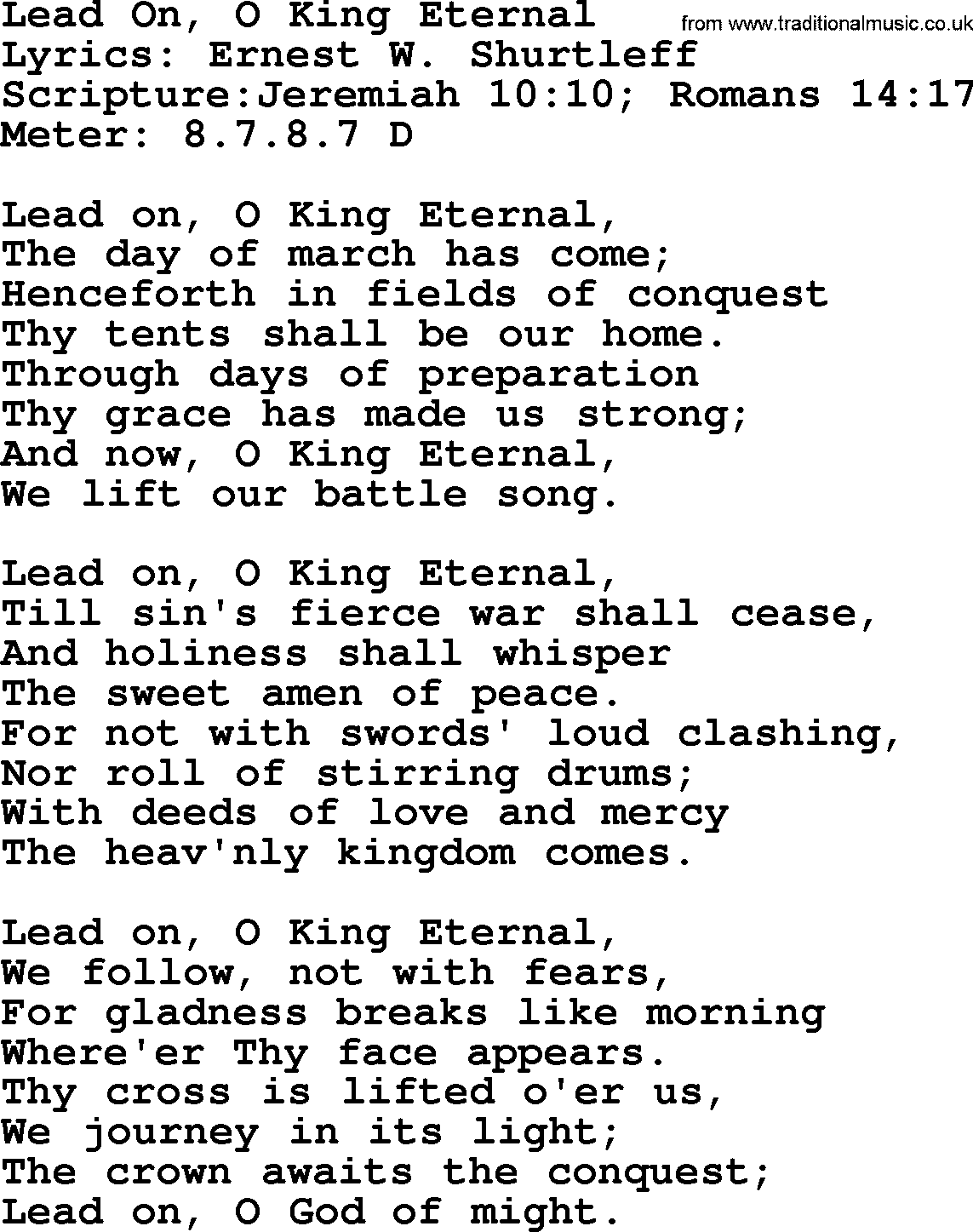 Hymns about  Angels, Hymn: Lead On, O King Eternal, lyrics, sheet music, midi & Mp3 music with PDF
