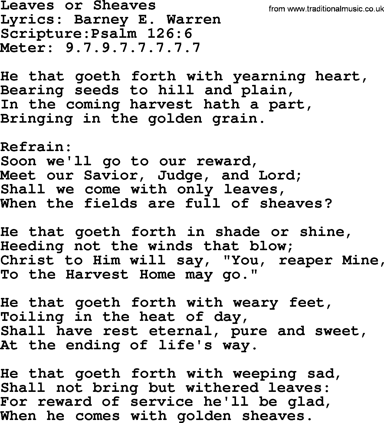 Hymns about  Angels, Hymn: Leaves or Sheaves, lyrics, sheet music, midi & Mp3 music with PDF