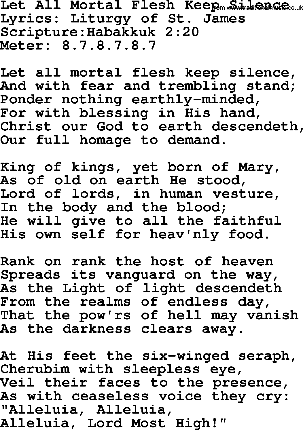 Hymns about  Angels, Hymn: Let All Mortal Flesh Keep Silence, lyrics, sheet music, midi & Mp3 music with PDF