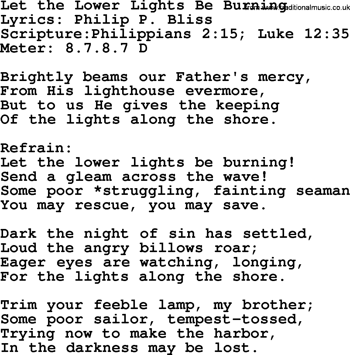 Hymns about  Angels, Hymn: Let the Lower Lights Be Burning, lyrics, sheet music, midi & Mp3 music with PDF
