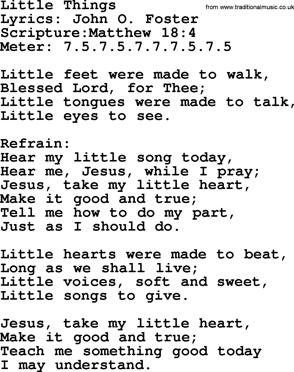 Hymns about  Angels, Hymn: Little Things, lyrics, sheet music, midi & Mp3 music with PDF