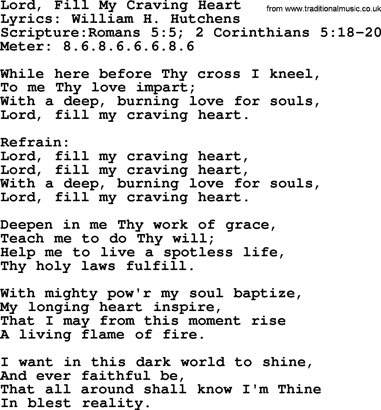 Hymns about  Angels, Hymn: Lord, Fill My Craving Heart, lyrics, sheet music, midi & Mp3 music with PDF
