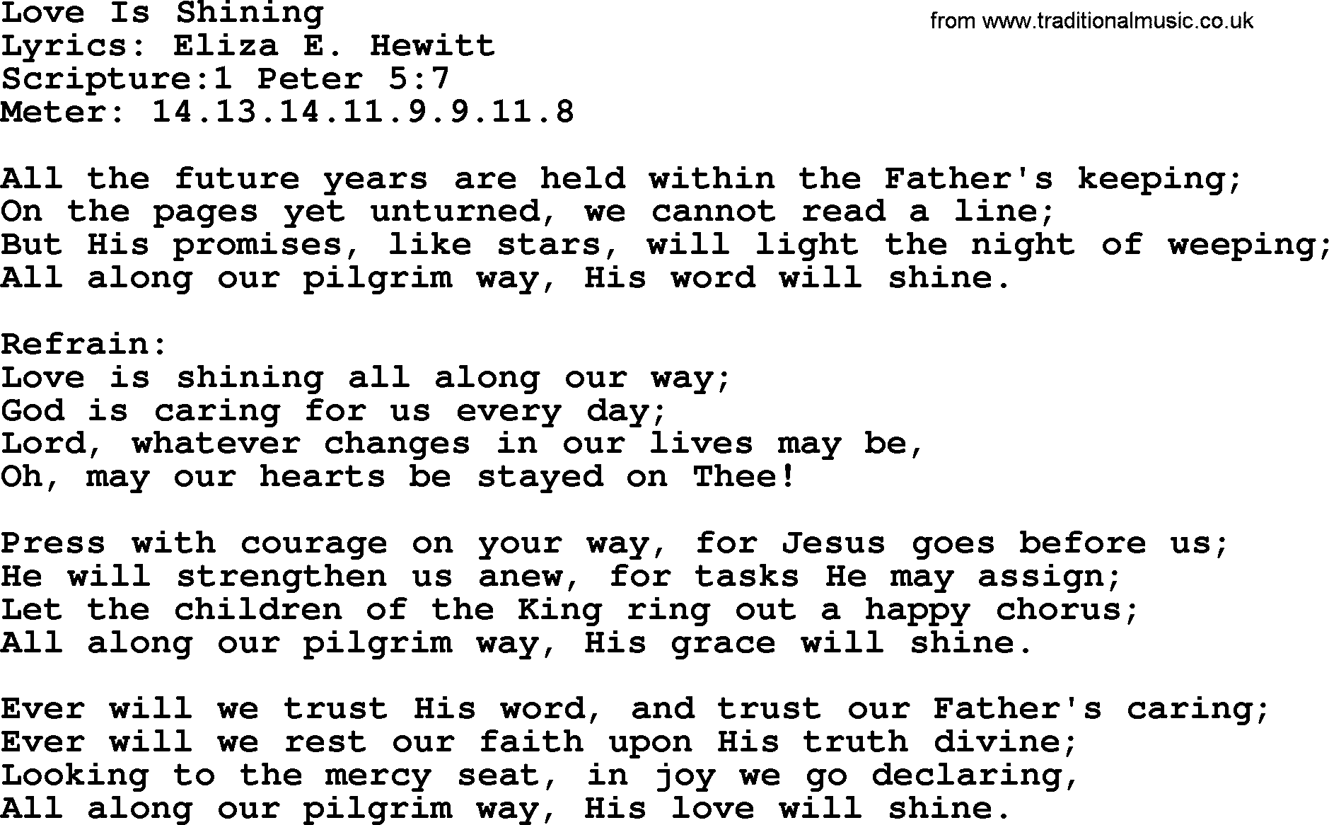 Hymns about  Angels, Hymn: Love Is Shining, lyrics, sheet music, midi & Mp3 music with PDF