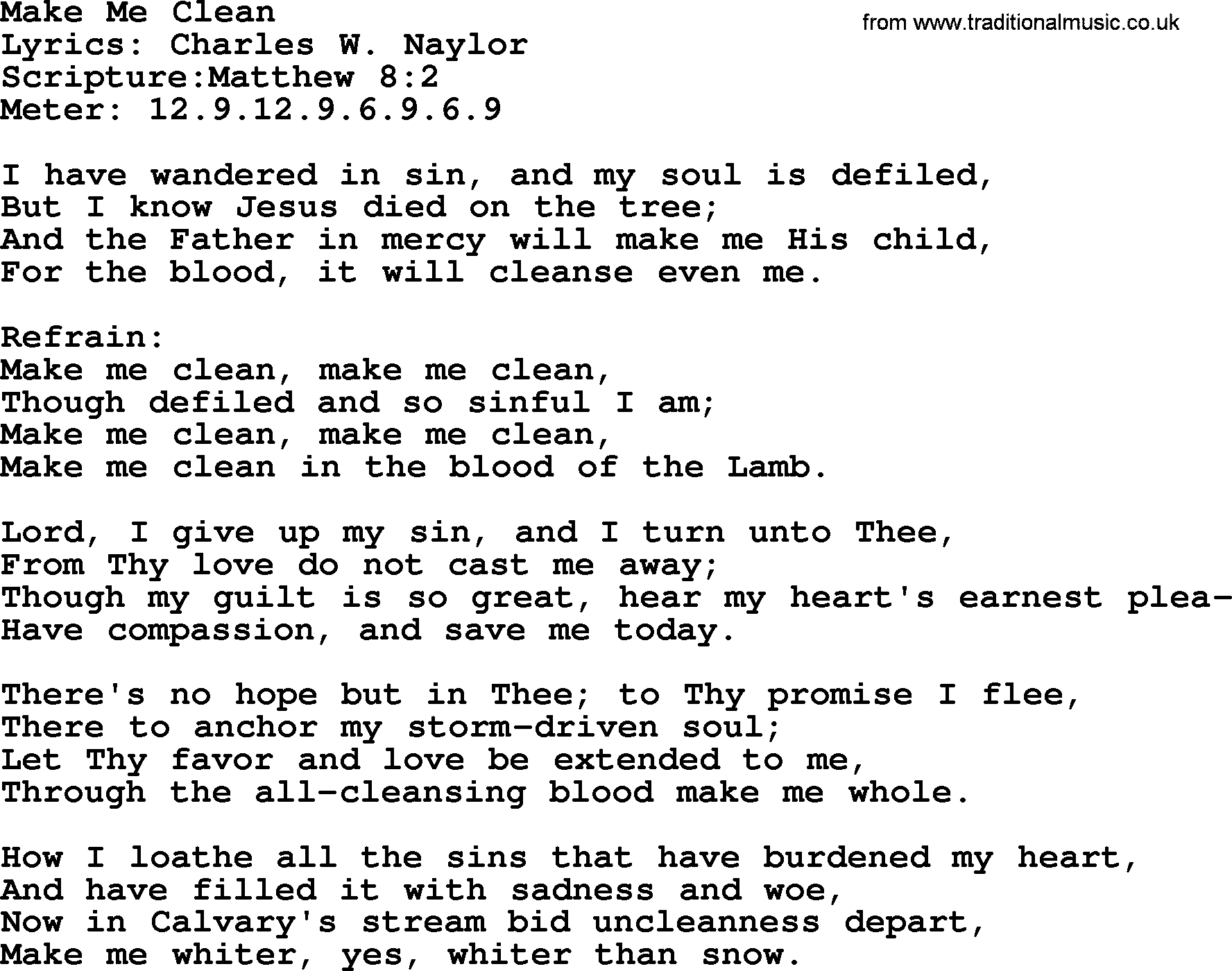 Hymns about  Angels, Hymn: Make Me Clean, lyrics, sheet music, midi & Mp3 music with PDF