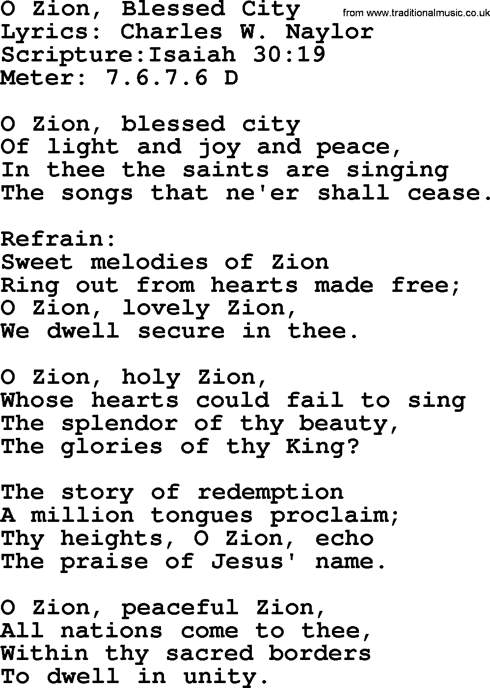 Hymns about  Angels, Hymn: O Zion, Blessed City, lyrics, sheet music, midi & Mp3 music with PDF
