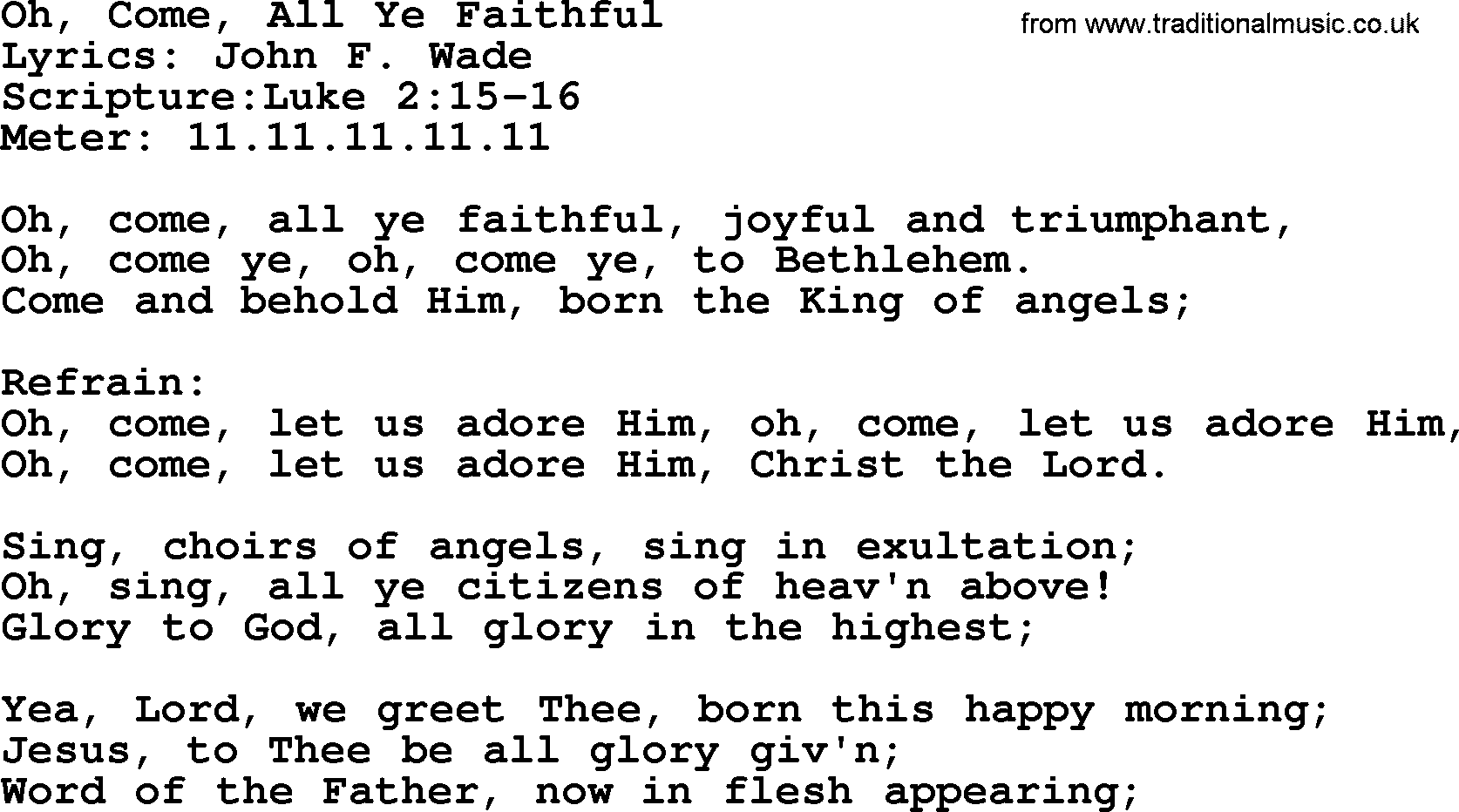 Hymns about  Angels, Hymn: Oh, Come, All Ye Faithful, lyrics, sheet music, midi & Mp3 music with PDF