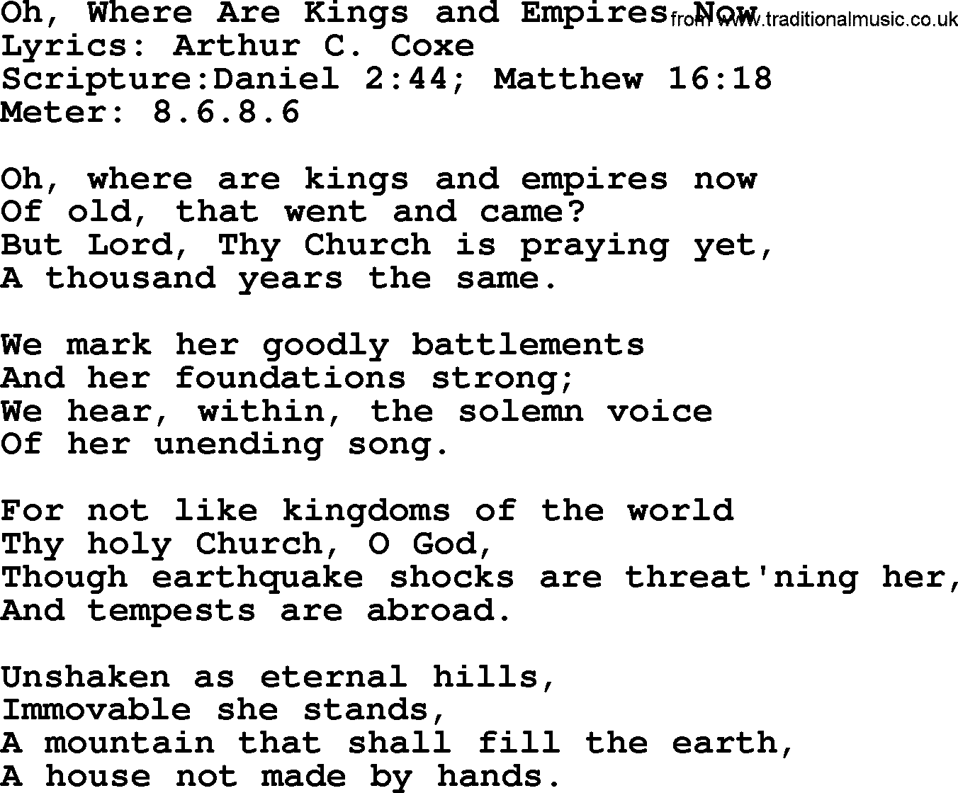 Hymns about  Angels, Hymn: Oh, Where Are Kings and Empires Now, lyrics, sheet music, midi & Mp3 music with PDF