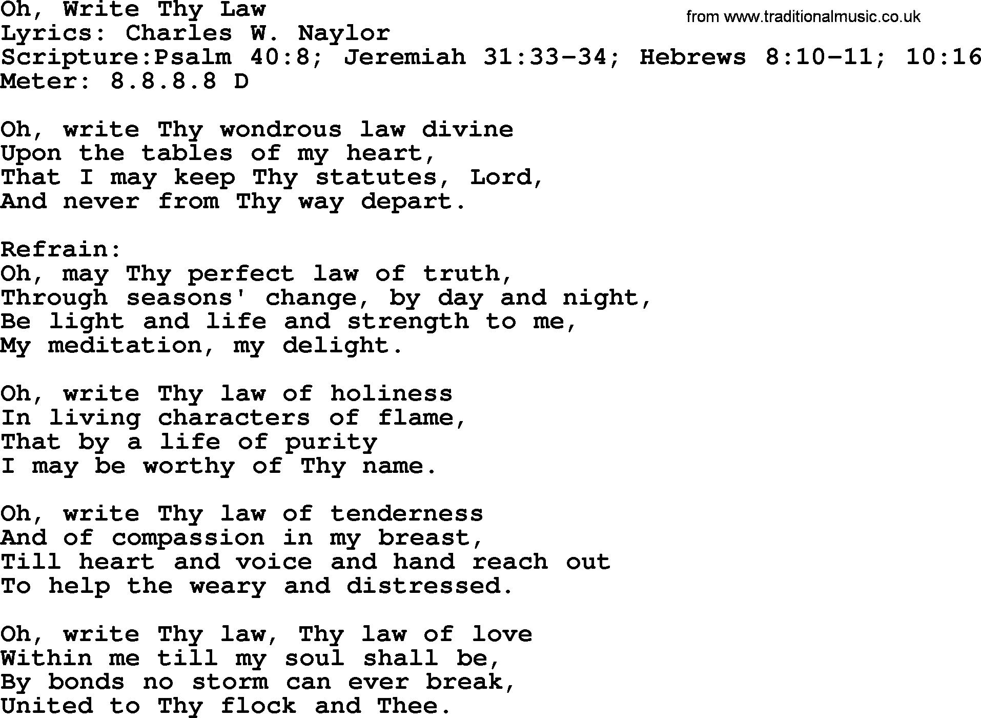 Hymns about  Angels, Hymn: Oh, Write Thy Law, lyrics, sheet music, midi & Mp3 music with PDF
