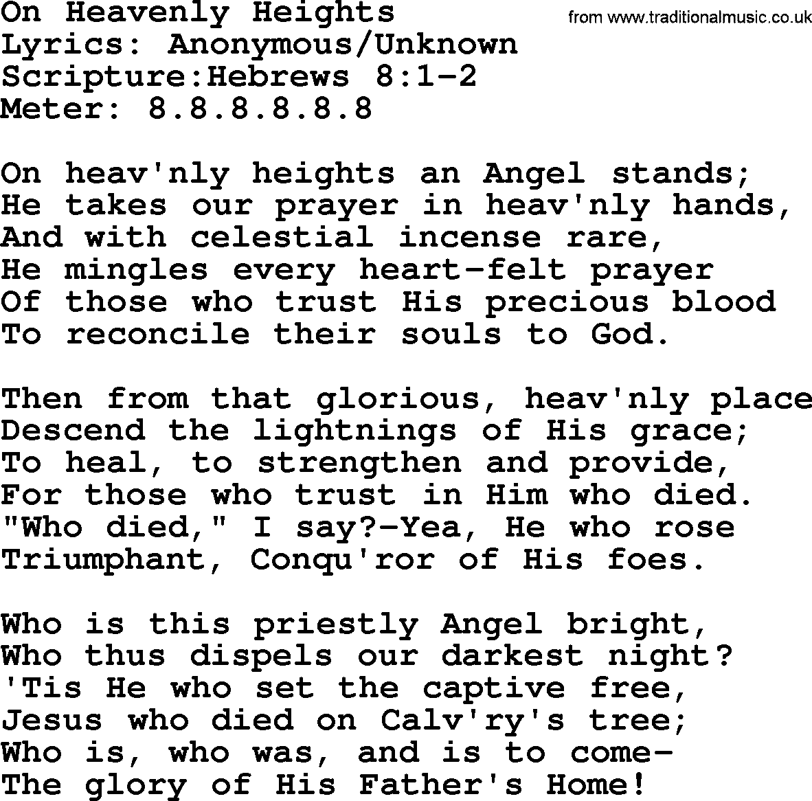Hymns about  Angels, Hymn: On Heavenly Heights, lyrics, sheet music, midi & Mp3 music with PDF