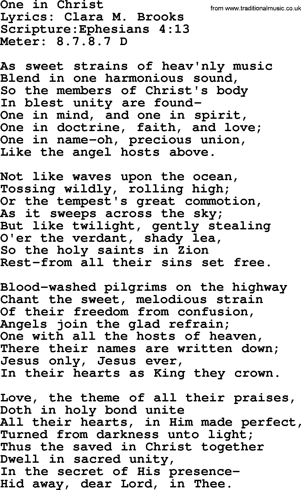 Hymns about  Angels, Hymn: One in Christ, lyrics, sheet music, midi & Mp3 music with PDF