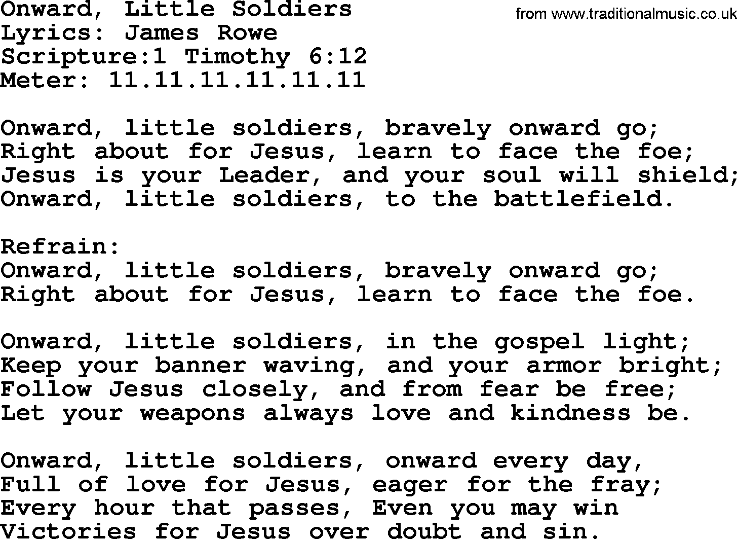 Hymns about  Angels, Hymn: Onward, Little Soldiers, lyrics, sheet music, midi & Mp3 music with PDF