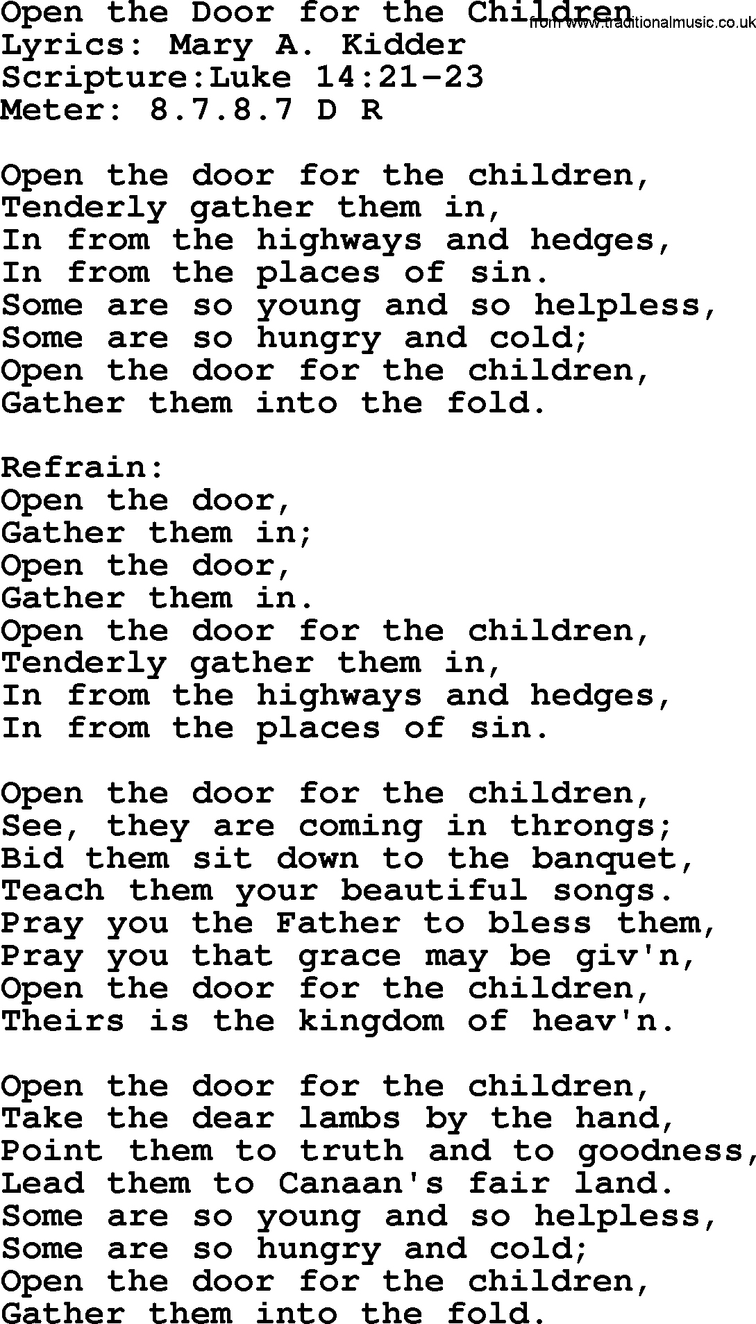 Hymns about  Angels, Hymn: Open the Door for the Children, lyrics, sheet music, midi & Mp3 music with PDF