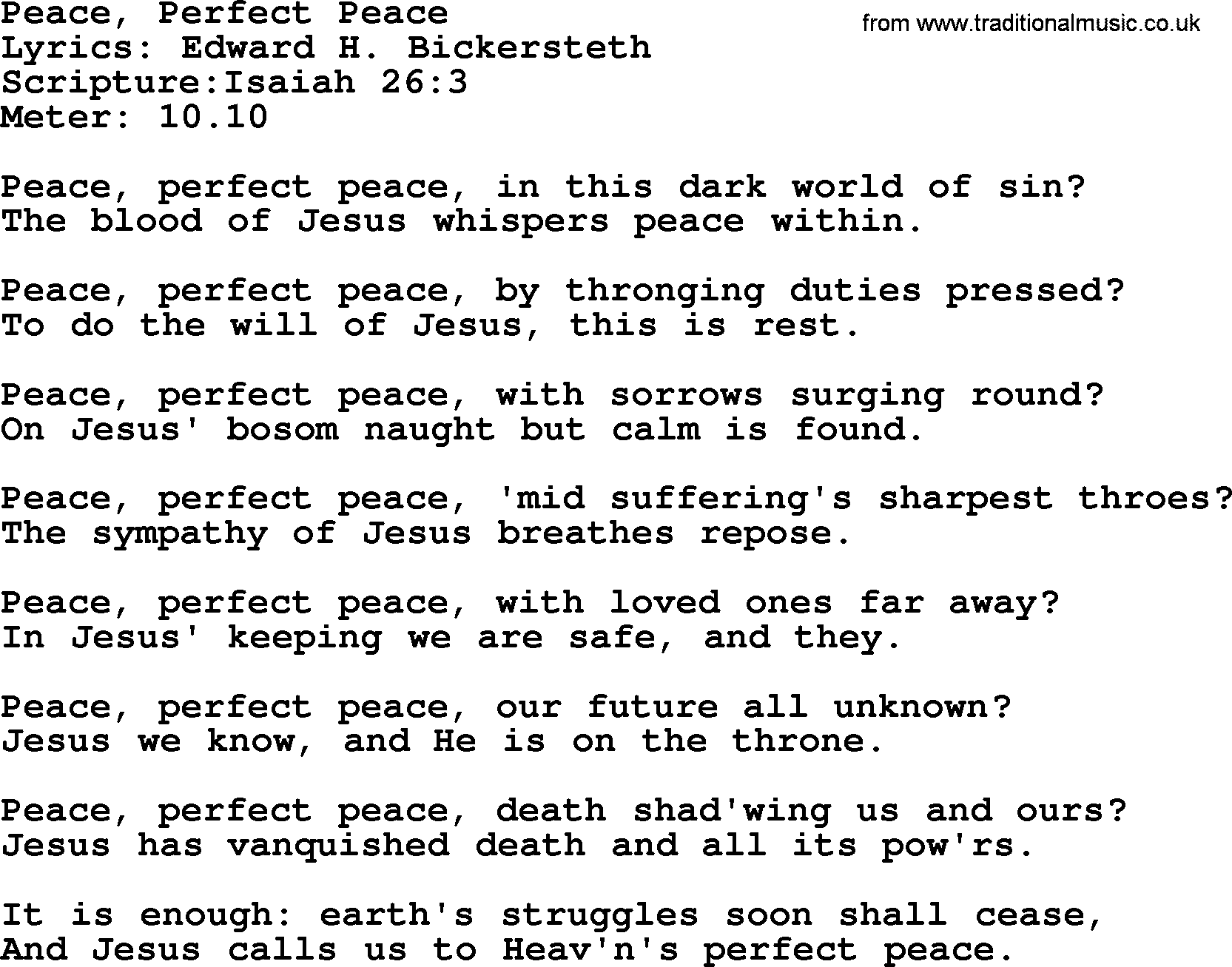 Hymns about  Angels, Hymn: Peace, Perfect Peace, lyrics, sheet music, midi & Mp3 music with PDF