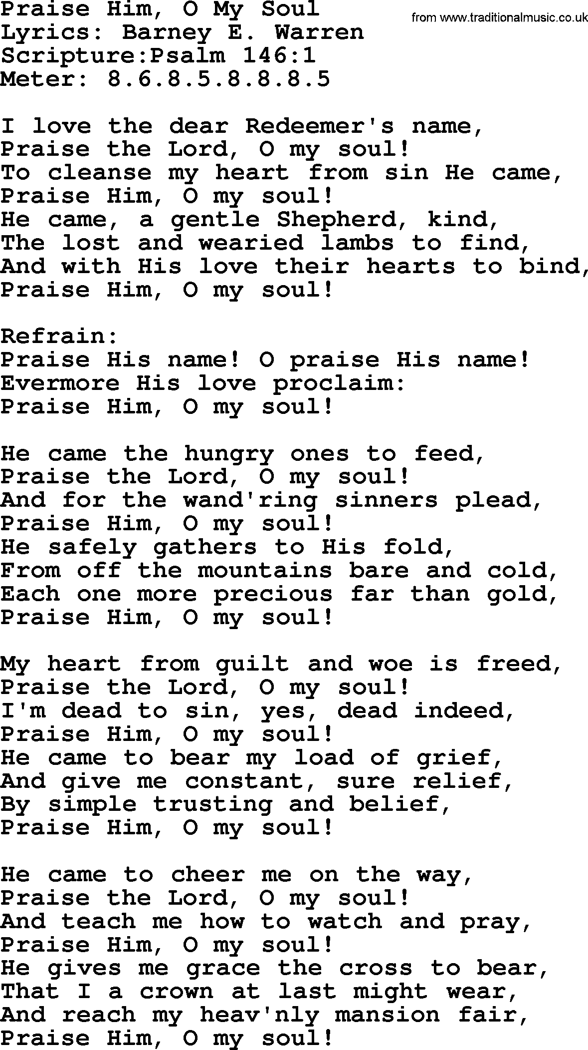 Hymns about  Angels, Hymn: Praise Him, O My Soul, lyrics, sheet music, midi & Mp3 music with PDF