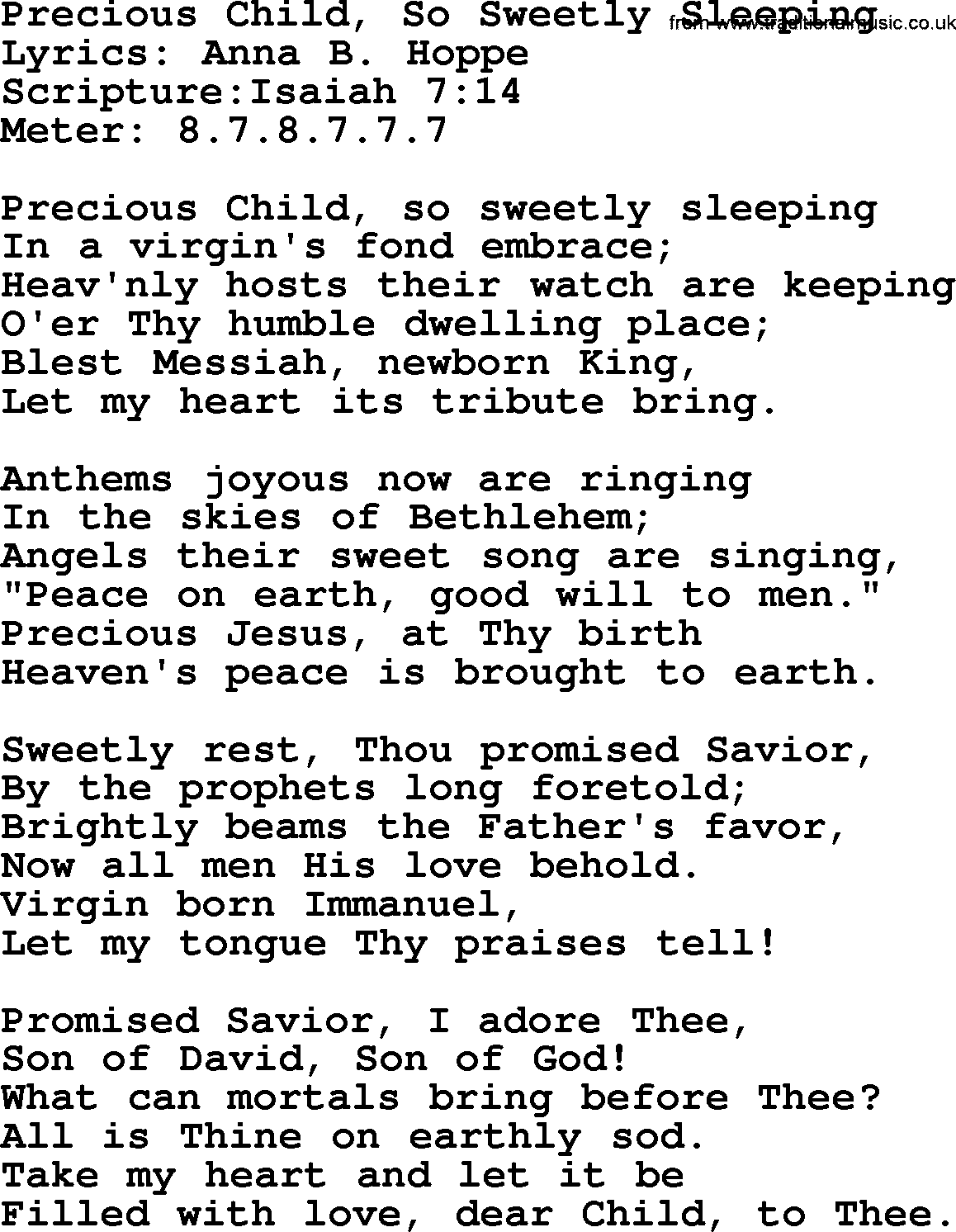 Hymns about  Angels, Hymn: Precious Child, So Sweetly Sleeping, lyrics, sheet music, midi & Mp3 music with PDF