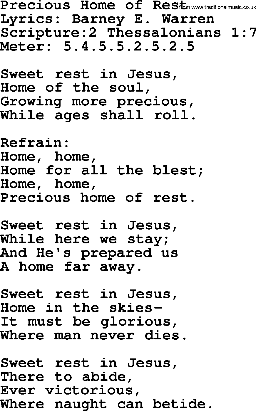 Hymns about  Angels, Hymn: Precious Home of Rest, lyrics, sheet music, midi & Mp3 music with PDF
