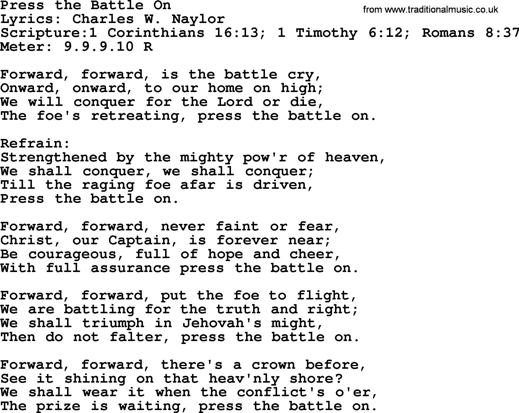 Hymns about  Angels, Hymn: Press the Battle On, lyrics, sheet music, midi & Mp3 music with PDF