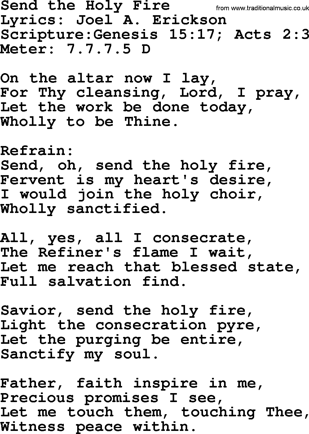 Hymns about  Angels, Hymn: Send the Holy Fire, lyrics, sheet music, midi & Mp3 music with PDF