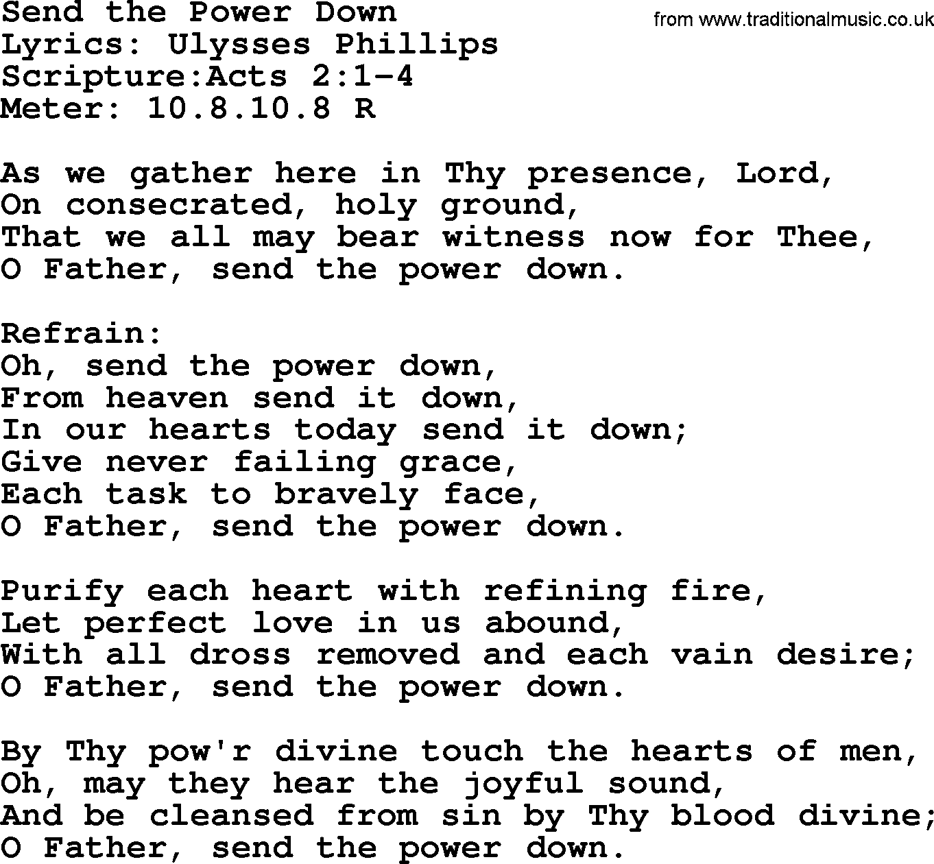 Hymns about  Angels, Hymn: Send the Power Down, lyrics, sheet music, midi & Mp3 music with PDF
