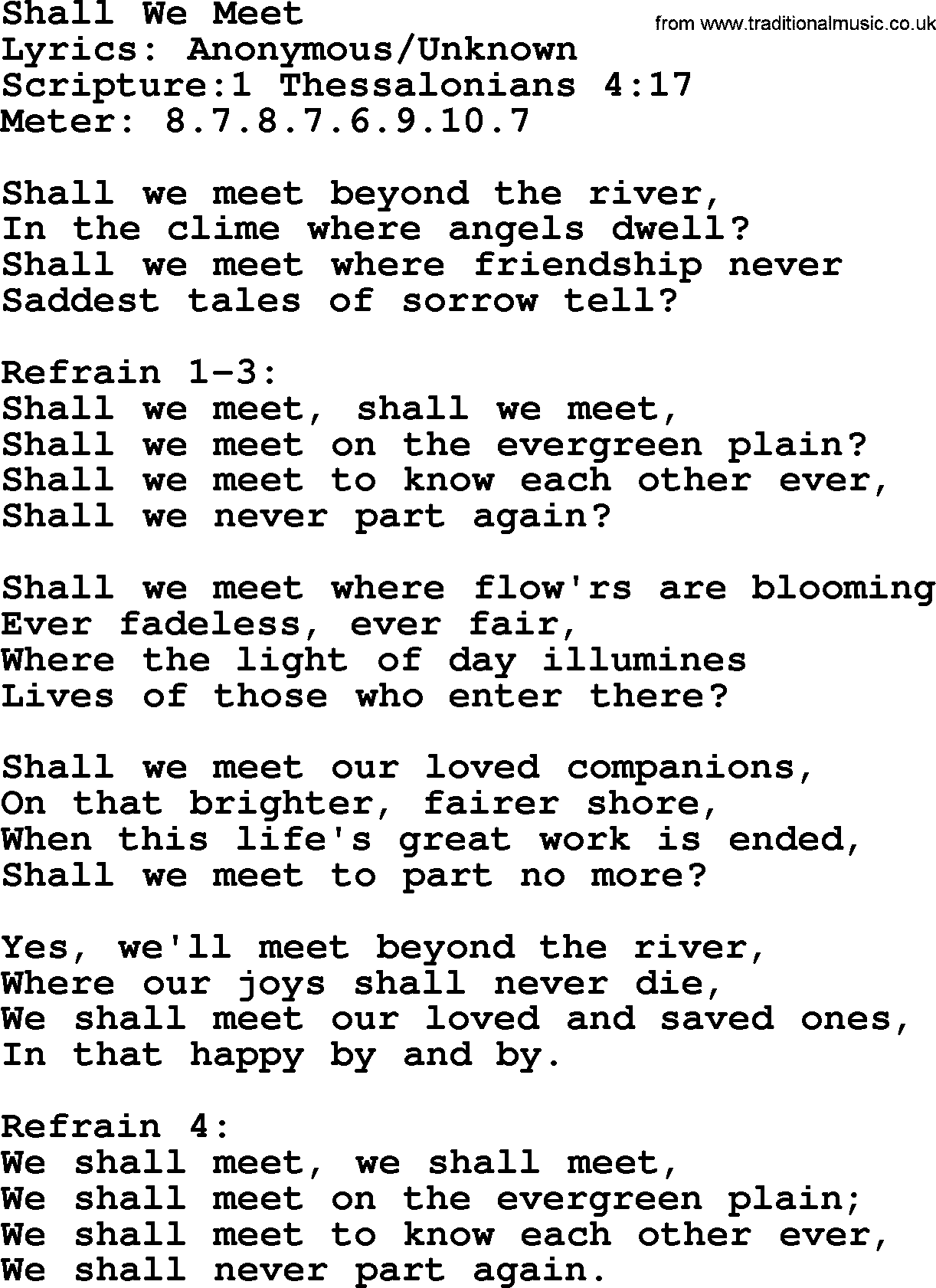 Hymns about  Angels, Hymn: Shall We Meet, lyrics, sheet music, midi & Mp3 music with PDF