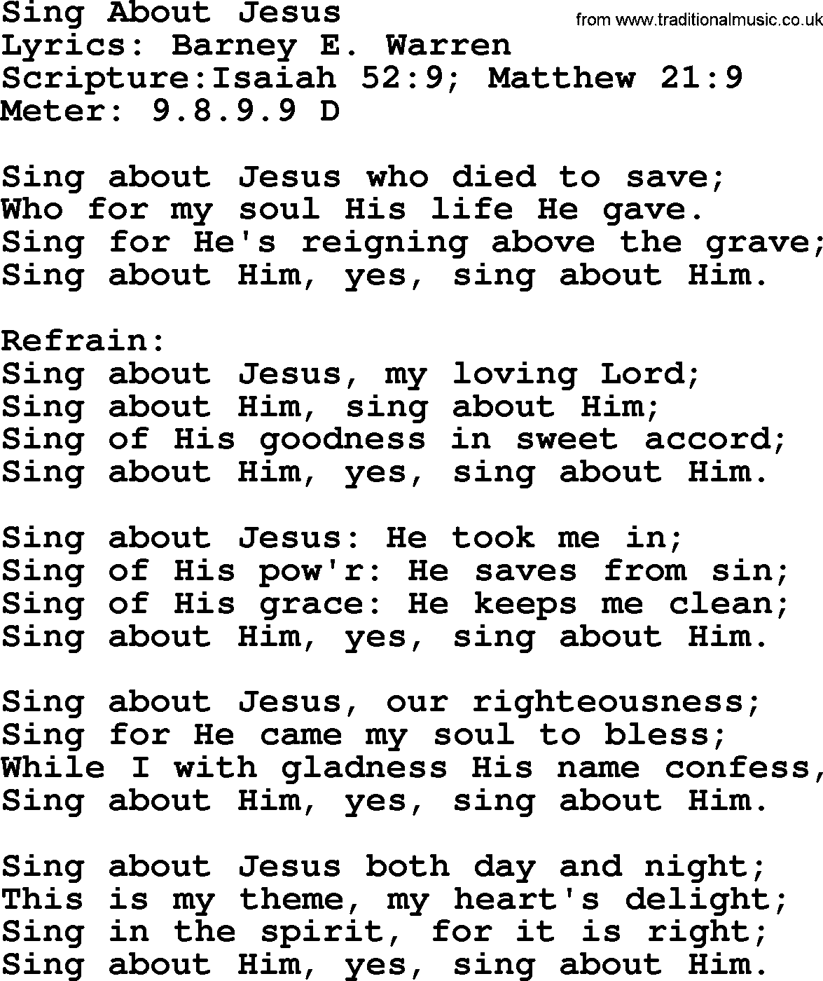 Hymns about  Angels, Hymn: Sing About Jesus, lyrics, sheet music, midi & Mp3 music with PDF