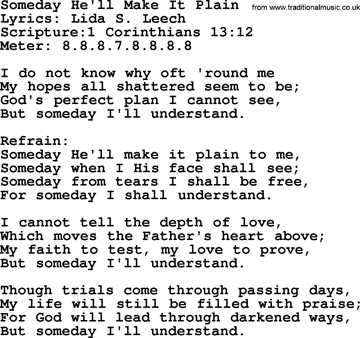 Hymns about  Angels, Hymn: Someday He'll Make It Plain, lyrics, sheet music, midi & Mp3 music with PDF