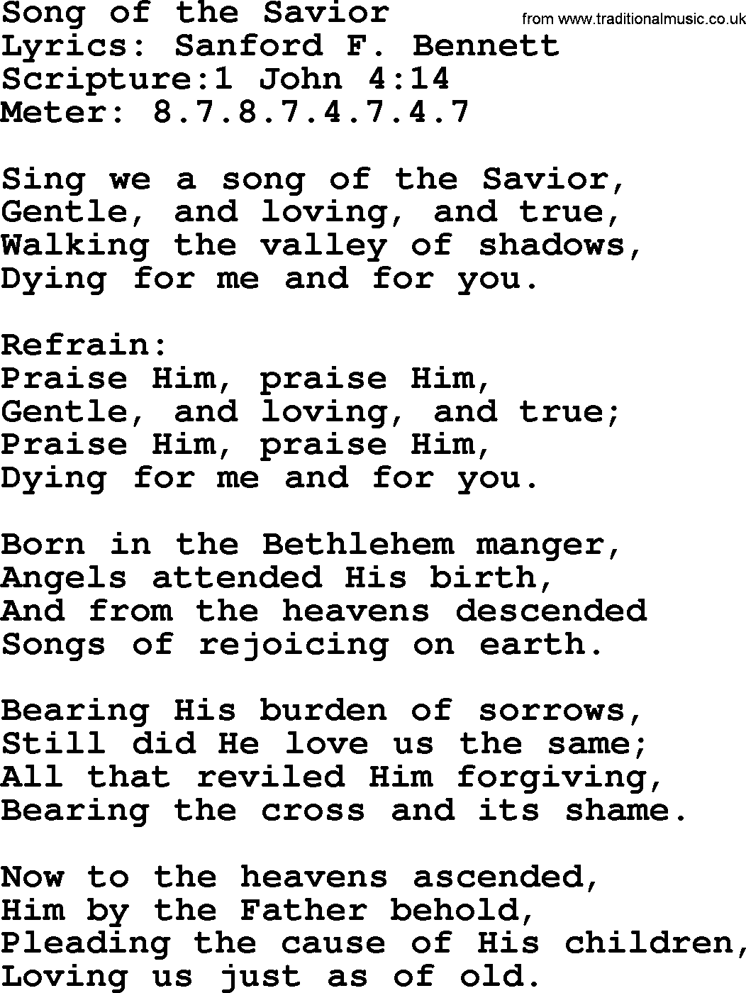 Hymns about  Angels, Hymn: Song of the Savior, lyrics, sheet music, midi & Mp3 music with PDF