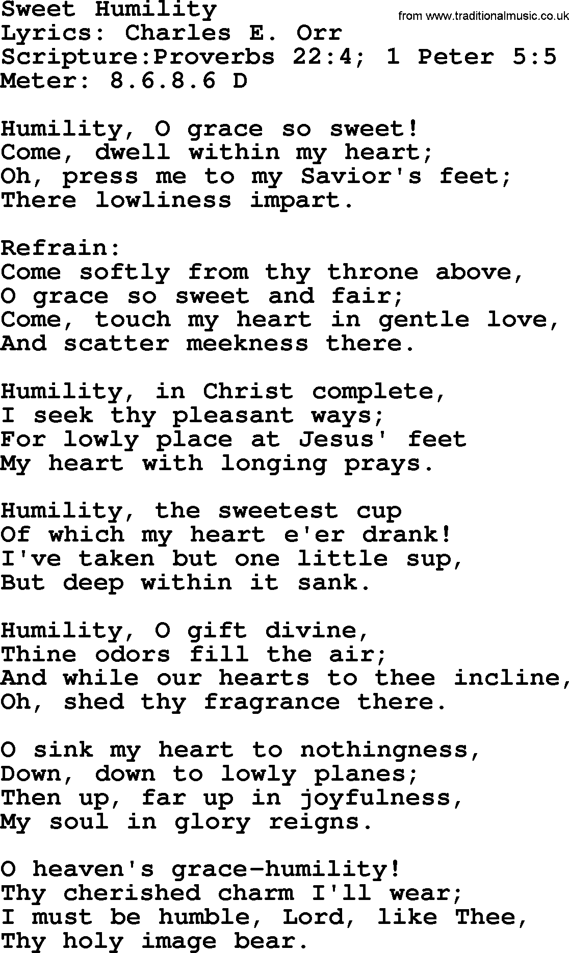 Hymns about  Angels, Hymn: Sweet Humility, lyrics, sheet music, midi & Mp3 music with PDF