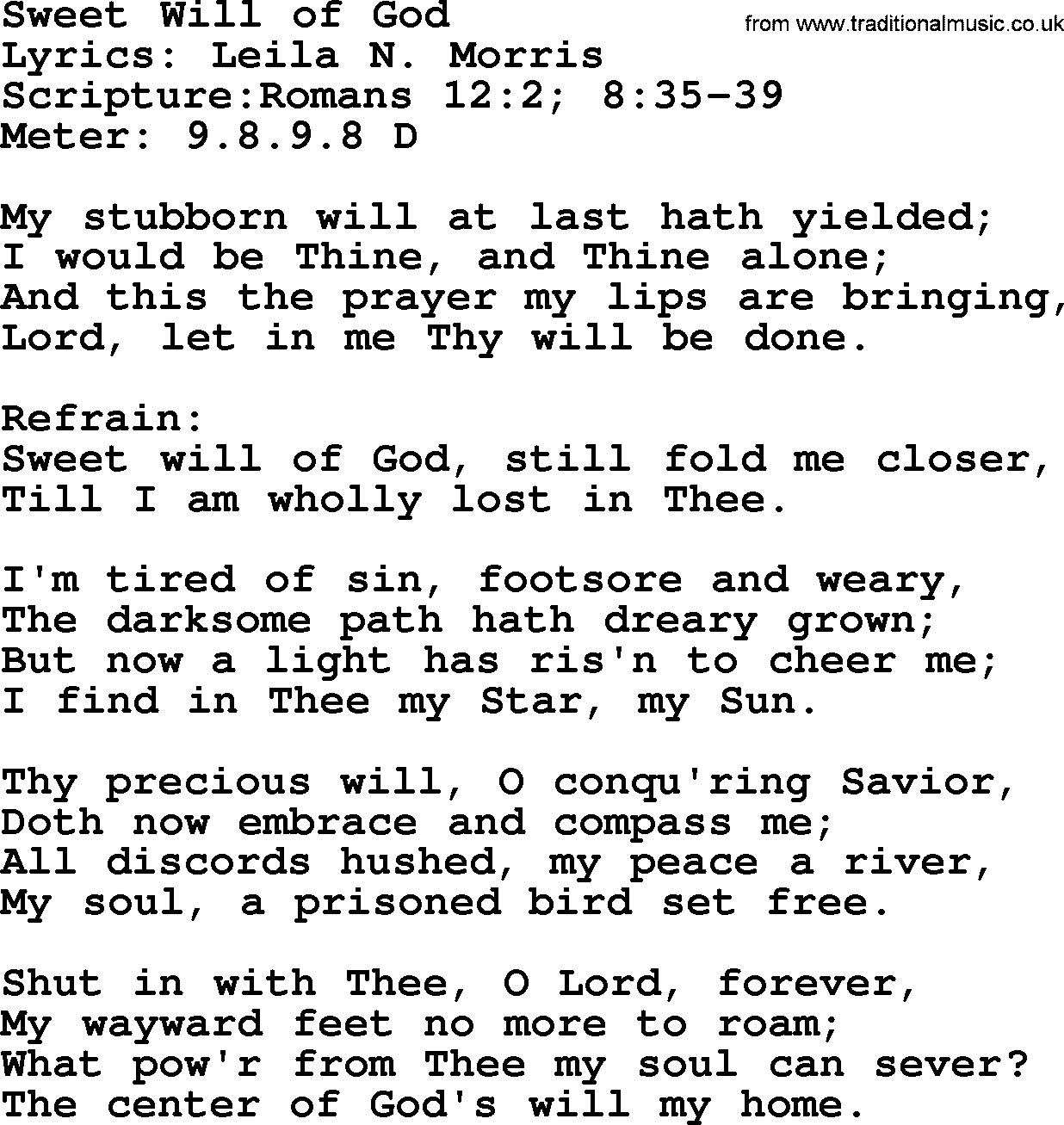 Hymns about  Angels, Hymn: Sweet Will of God, lyrics, sheet music, midi & Mp3 music with PDF